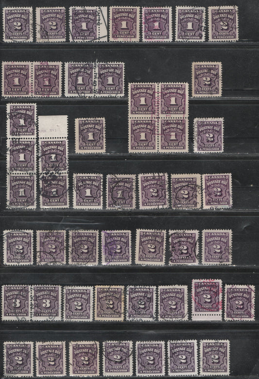 Lot 332 Canada SC#J15/J16B 1c-3c Deep Rose Lilac & Violet Shades, 1935-1967 Fourth Postage Due Issue, 40  Fine & VF Used Singles & Multiples All Dated Examples, Useful for Assigning Approximate Dates To Specific Printings
