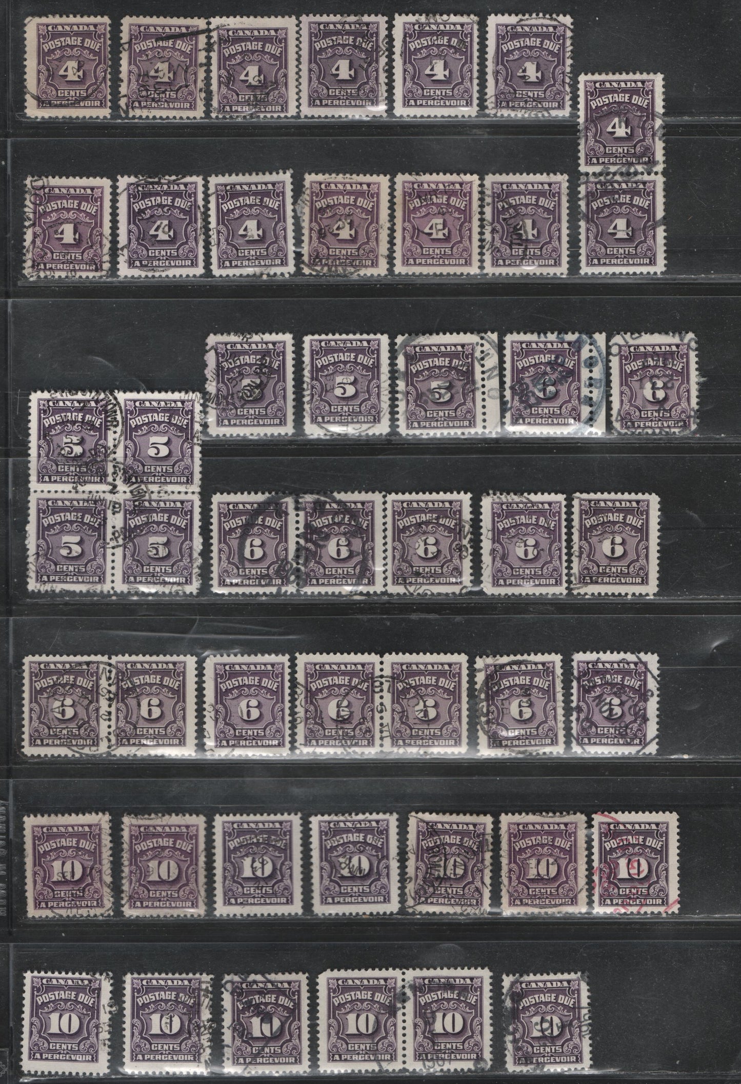 Lot 333 Canada SC#J17/J20b 4c-10c Violet & Deep Rose Lilac Shades, 1935-1967 Fourth Postage Due Issue, 40 Fine & VF Used Singles & Multipes All Dated Examples, Useful for Assigning Approximate Dates To Specific Printings