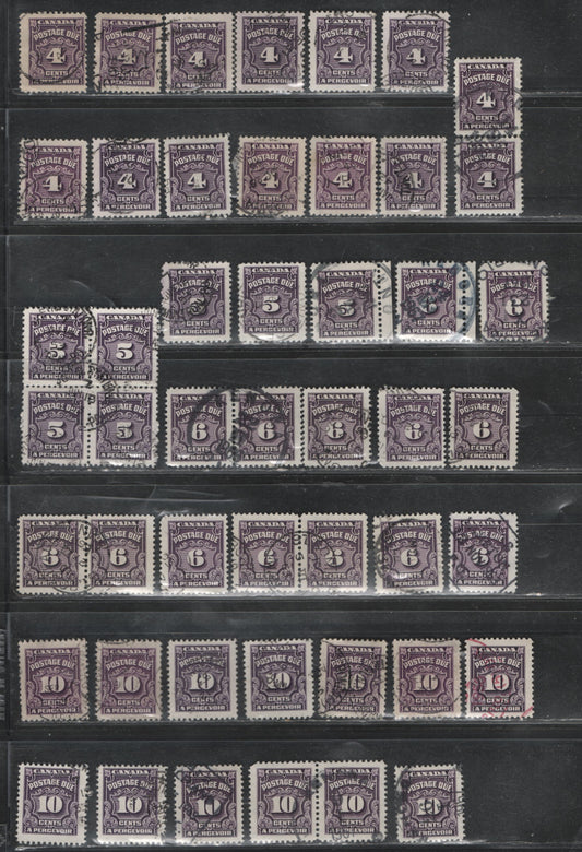 Lot 333 Canada SC#J17/J20b 4c-10c Violet & Deep Rose Lilac Shades, 1935-1967 Fourth Postage Due Issue, 40 Fine & VF Used Singles & Multipes All Dated Examples, Useful for Assigning Approximate Dates To Specific Printings