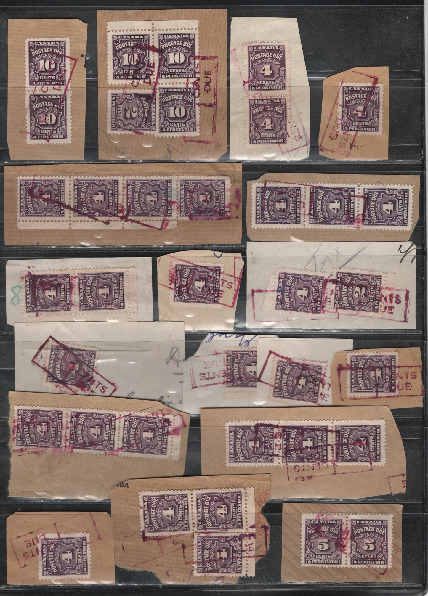 Lot 334 Canada SC#J15b/J20b 1c-5c, 10c  27 Fine & VF Used Envelope & Parcel Fragments Franked With Singles, Strips, Pairs & Blocks All With Purple Boxed "Cents Due" Cancels, High Proportion Of Scarcer Red Violet Printings