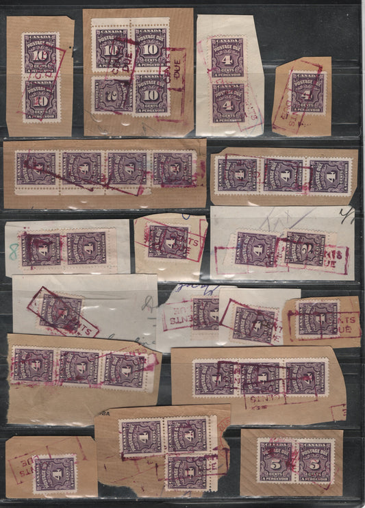 Lot 334 Canada SC#J15b/J20b 1c-5c, 10c  27 Fine & VF Used Envelope & Parcel Fragments Franked With Singles, Strips, Pairs & Blocks All With Purple Boxed "Cents Due" Cancels, High Proportion Of Scarcer Red Violet Printings