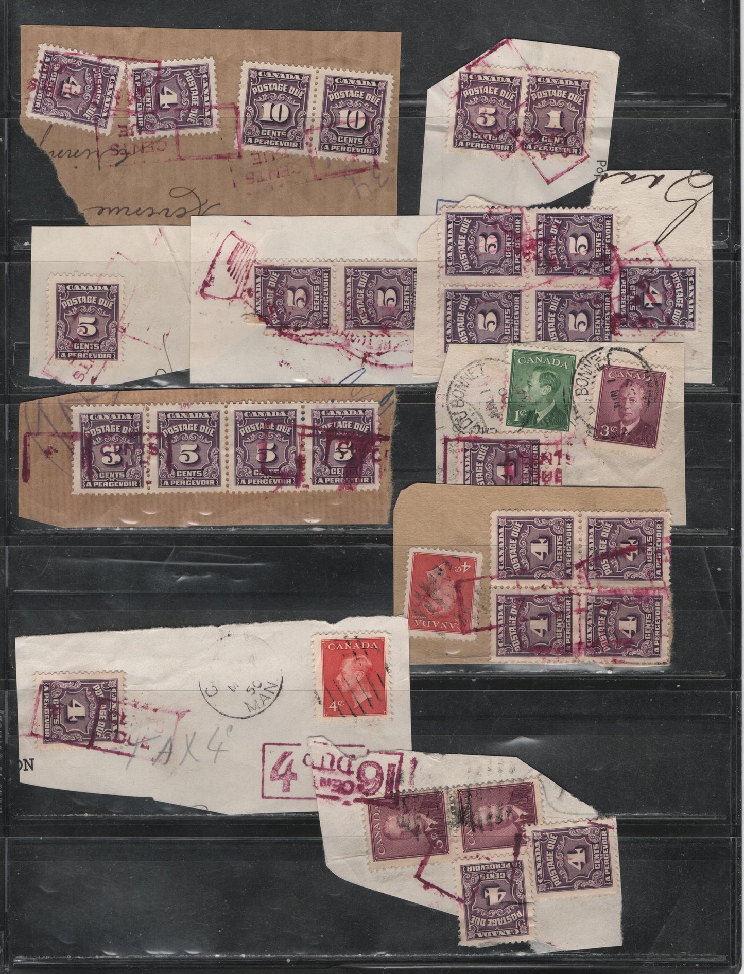 Lot 334 Canada SC#J15b/J20b 1c-5c, 10c  27 Fine & VF Used Envelope & Parcel Fragments Franked With Singles, Strips, Pairs & Blocks All With Purple Boxed "Cents Due" Cancels, High Proportion Of Scarcer Red Violet Printings