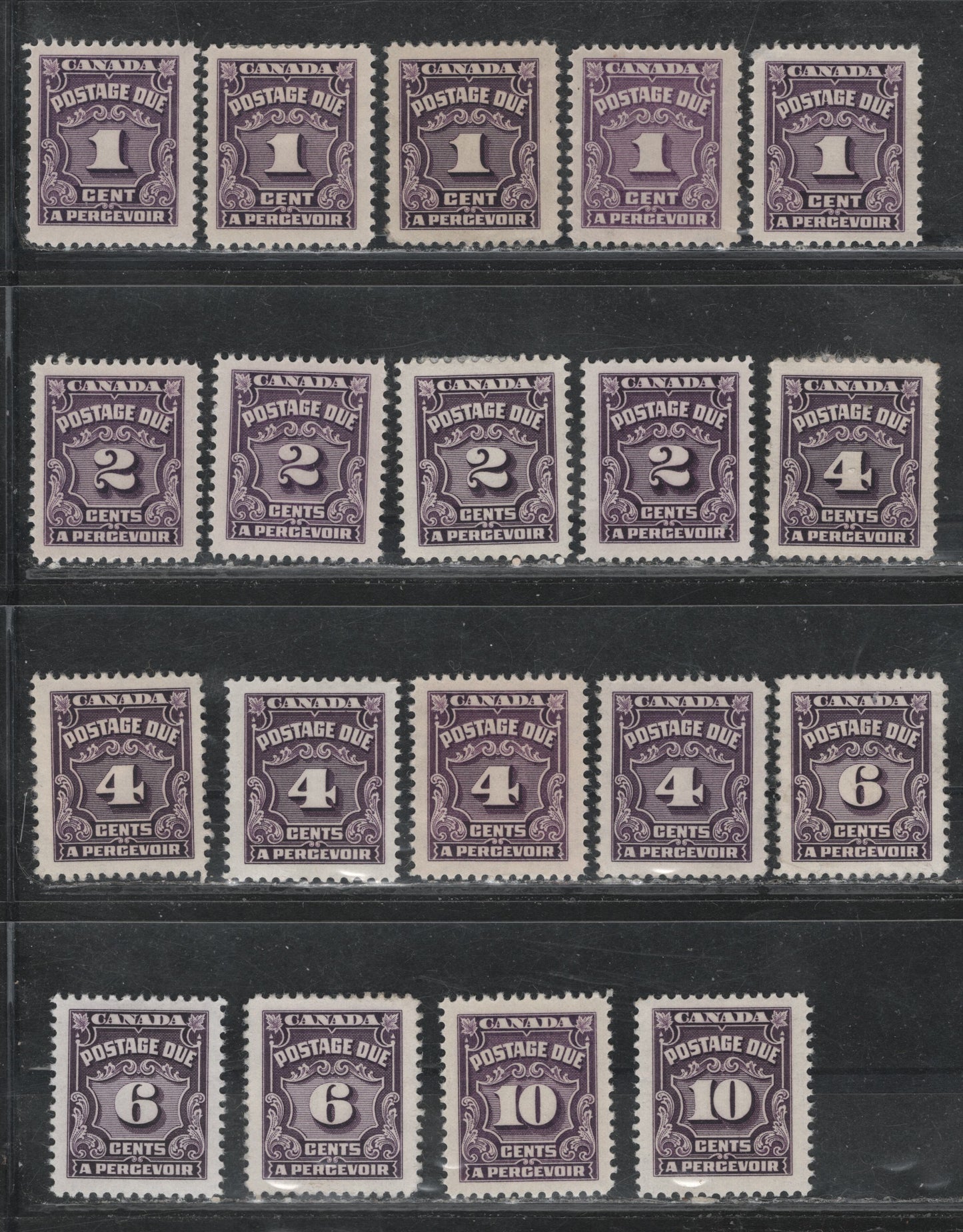 Lot 336 Canada SC#J15/J17b 1c, 2c, 4c, 6c, 10c Red Violet, Violet, Deep Reddish Lilac Shades, 19 VFOG Singles On A Variety of DF Papers, Varying In Fluorescence From 1-2,  All Different From The Stamps in Other Lots, High Proportion Of Pre-1952 Printings