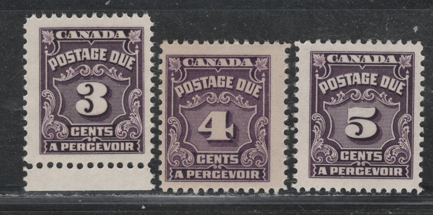 Lot 337 Canada SC#J16B, J17b, J18 3c-5c Milky Violet, Deep Rose Lilac  3 Fine NH Singles On A Variety of DF Papers, Varying In Fluorescence From 1-2, All Different From The Stamps in Other Lots, 4c Is A Pre-1952 Printing