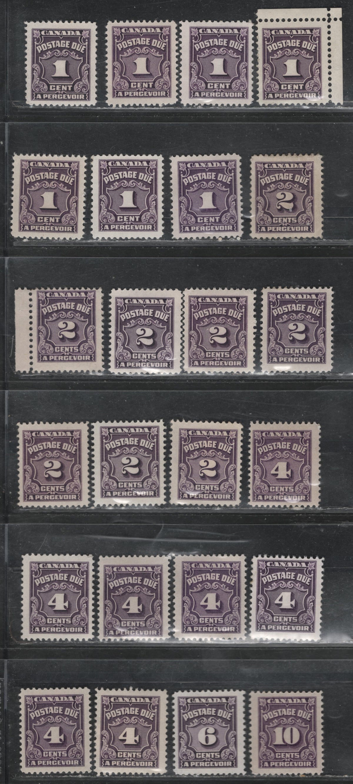 Lot 338 Canada SC#J15/J20b 1c, 2c, 4c, 6c, 10c Milky Violet, Violet, Deep Rose Lilac 24 Fine OG Singles On A Variety of DF Papers, Varying In Fluorescence From 1-2, All Different From The Stamps in Other Lots, One 4c & 10c Aare Pre-1952 Printings
