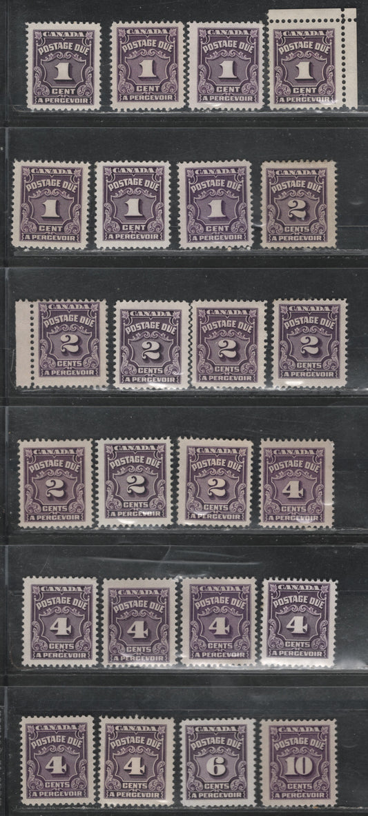 Lot 338 Canada SC#J15/J20b 1c, 2c, 4c, 6c, 10c Milky Violet, Violet, Deep Rose Lilac 24 Fine OG Singles On A Variety of DF Papers, Varying In Fluorescence From 1-2, All Different From The Stamps in Other Lots, One 4c & 10c Aare Pre-1952 Printings