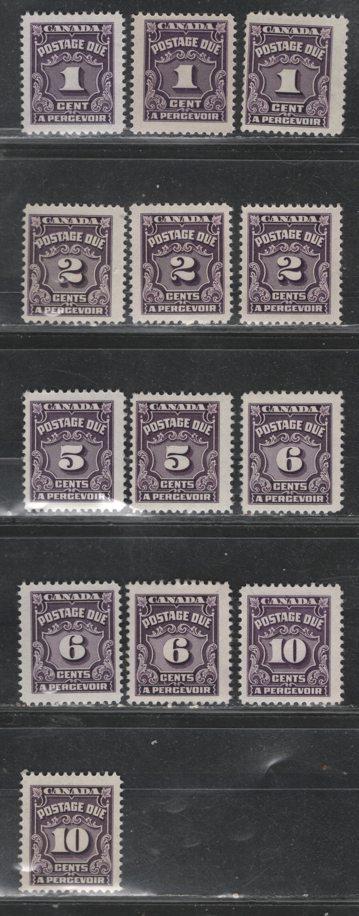 Lot 339 Canada SC#J15/J20 1c-2c, 5c-10c Violet, Deep Rose Lilac & Blackish Lilac 13 Fine OG Singles On A Variety of DF Papers, Varying In Fluorescence From 1-2, Unchecked As To Exact Perfs, All Different From The Stamps in Other Lots
