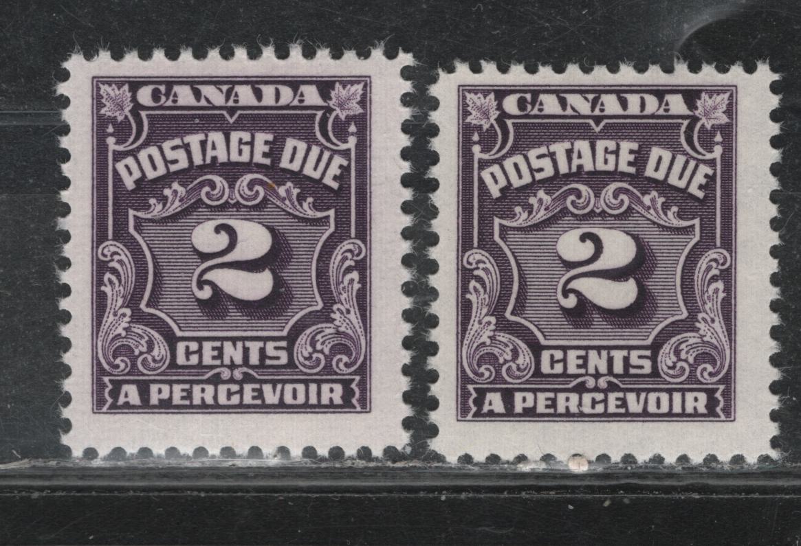Lot 348 Canada #J16var 2c Deep Violet - Blackish Violet , 1935-1965 4th Postage Due Issue, 2 FNH Singles, Unlisted LF (CBNE-K) & CBNE-L Papers, Perfs 11,9x12 & 11.9, Scarce Paper Types.