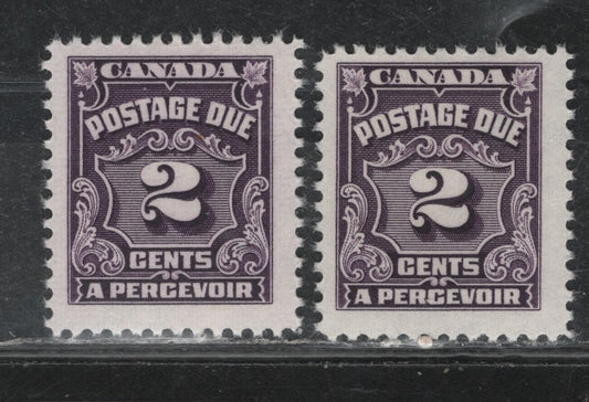 Lot 348 Canada #J16var 2c Deep Violet - Blackish Violet , 1935-1965 4th Postage Due Issue, 2 FNH Singles, Unlisted LF (CBNE-K) & CBNE-L Papers, Perfs 11,9x12 & 11.9, Scarce Paper Types.