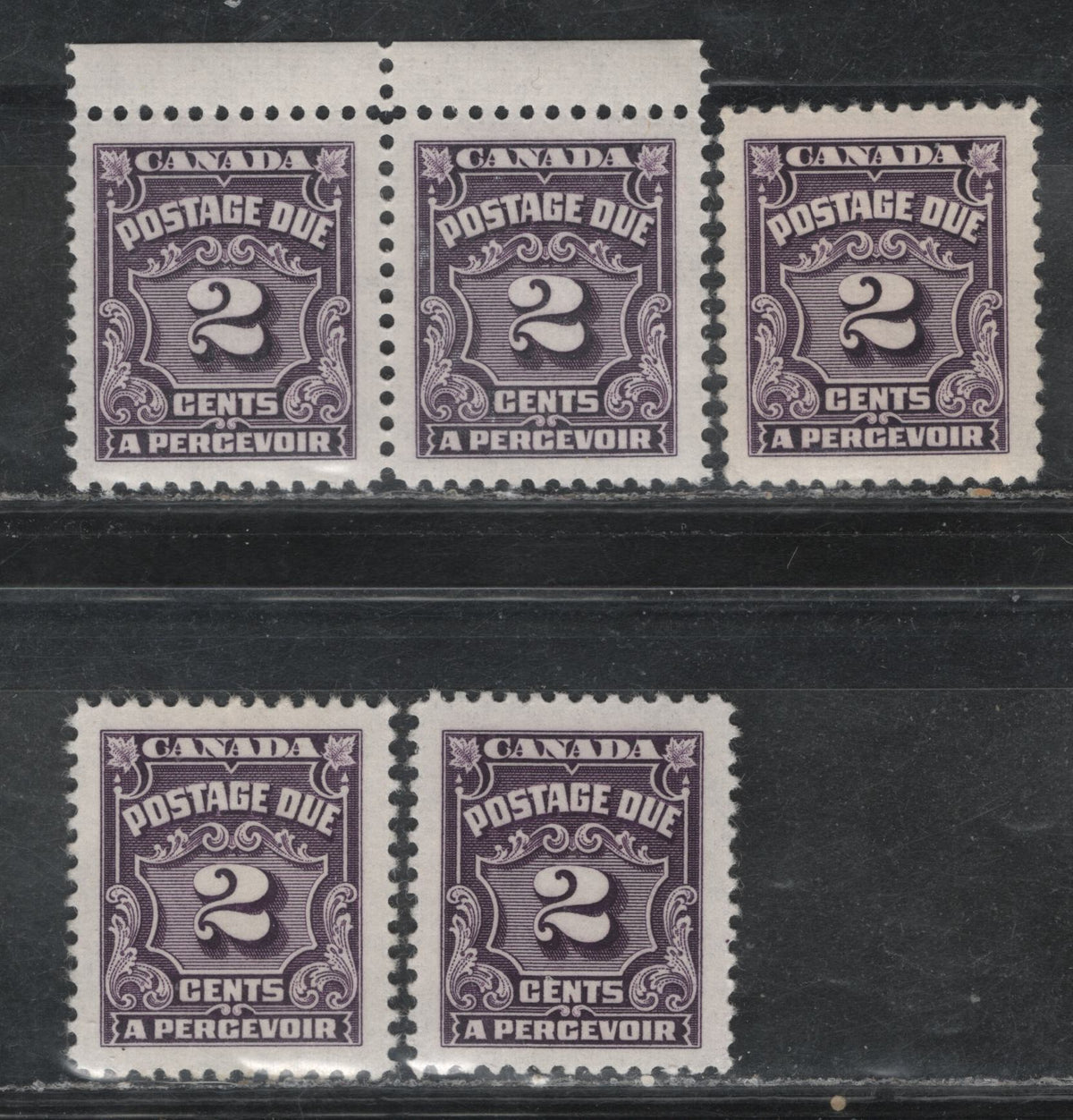 Lot 349 Canada #J16var 2c Violet , 1935-1965 4th Postage Due Issue, 4 VFOG Singles & Pair, Various Unlisted Low Fluorescent (CBNE-M (Pair), CBNE-N, CBNE-A & CBNE-O) Papers, Unchecked As To Exact Perfs, All Types Scarcer Than Standard DF Paper.