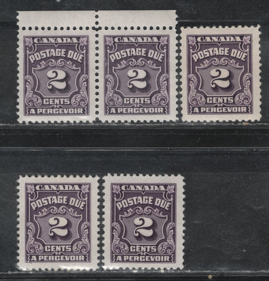 Lot 349 Canada #J16var 2c Violet , 1935-1965 4th Postage Due Issue, 4 VFOG Singles & Pair, Various Unlisted Low Fluorescent (CBNE-M (Pair), CBNE-N, CBNE-A & CBNE-O) Papers, Unchecked As To Exact Perfs, All Types Scarcer Than Standard DF Paper.