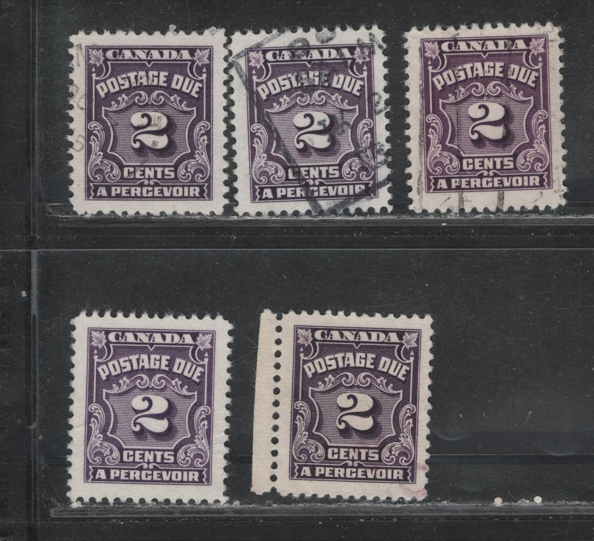 Lot 350 Canada #J16var, J16cvar 2c Reddish Violet - BlackishViolet , 1935-1965 4th Postage Due Issue, 5 Very Fine Used Singles, All Scarcer Unlisted Lf Papers, Not Sorted As To Specific Types, But All Different.