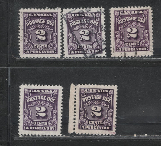Lot 350 Canada #J16var, J16cvar 2c Reddish Violet - BlackishViolet , 1935-1965 4th Postage Due Issue, 5 Very Fine Used Singles, All Scarcer Unlisted Lf Papers, Not Sorted As To Specific Types, But All Different.