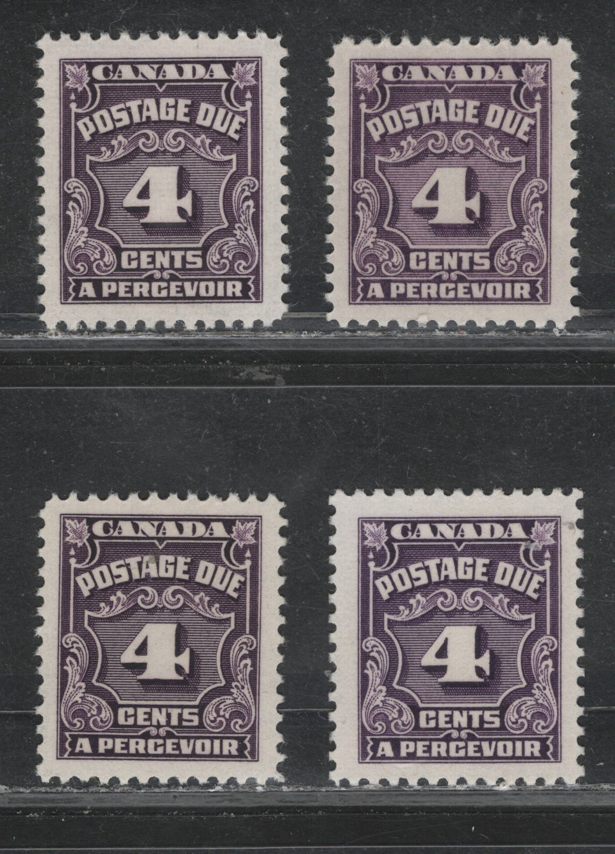 Lot 351 Canada #J17var, J17bvar 4c Reddish Violet - Deep Rose Lilac , 1935-1965 4th Postage Due Issue, 4 VFNH Singles, Scarcer LF (CBN-TTTT, CBNE-A, CBNE-K & CBNE-H) Papers, Much Scarcer Compared To DF Papers