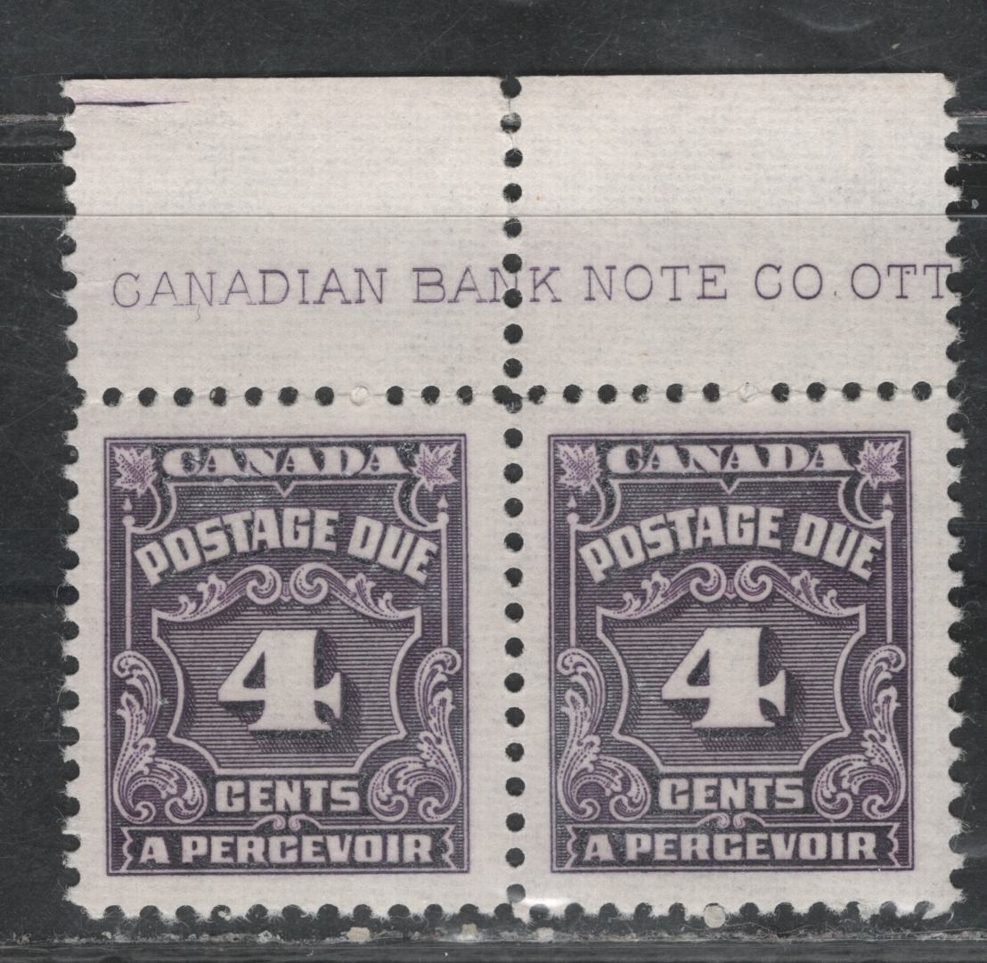 Lot 353 Canada #J17var, J17bvar 4c Deep Dull Violet , 1935-1965 4th Postage Due Issue, A VFOG Inscription Pair, Unlisted LF (CBNE-F) paper, Perf 12.2x12