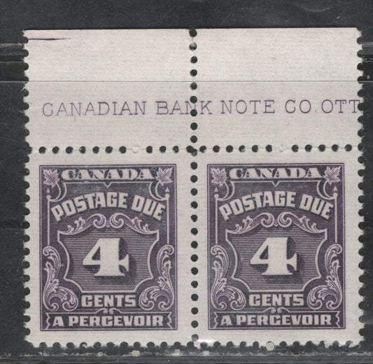 Lot 353 Canada #J17var, J17bvar 4c Deep Dull Violet , 1935-1965 4th Postage Due Issue, A VFOG Inscription Pair, Unlisted LF (CBNE-F) paper, Perf 12.2x12