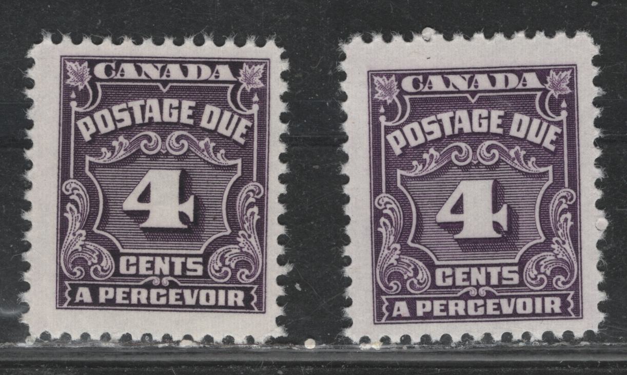 Lot 354 Canada #J17var 4c Deep Rose, Lilac & Light Violet , 1935-1965 4th Postage Due Issue, 2 FNH Singles, Unlisted LF (CBNE-L) Paper, Perfs 11.85x12 & 11.9, Much Scarcer Compared To DF Paper.