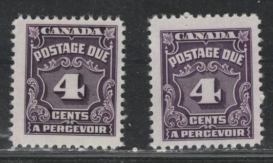 Lot 354 Canada #J17var 4c Deep Rose, Lilac & Light Violet , 1935-1965 4th Postage Due Issue, 2 FNH Singles, Unlisted LF (CBNE-L) Paper, Perfs 11.85x12 & 11.9, Much Scarcer Compared To DF Paper.