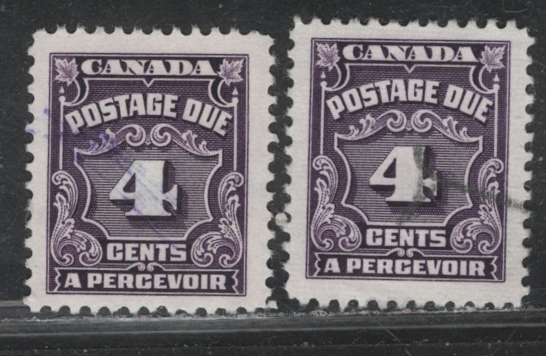 Lot 355 Canada SC#J17var 4c Very Dark Violet Numeral, 1935-1967 Fourth Postage Due Issue, 2 VF Used Singles On Unlisted CBNE-B & CBNE-C Papers, Very Scarce