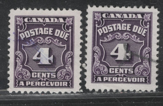Lot 355 Canada SC#J17var 4c Very Dark Violet Numeral, 1935-1967 Fourth Postage Due Issue, 2 VF Used Singles On Unlisted CBNE-B & CBNE-C Papers, Very Scarce