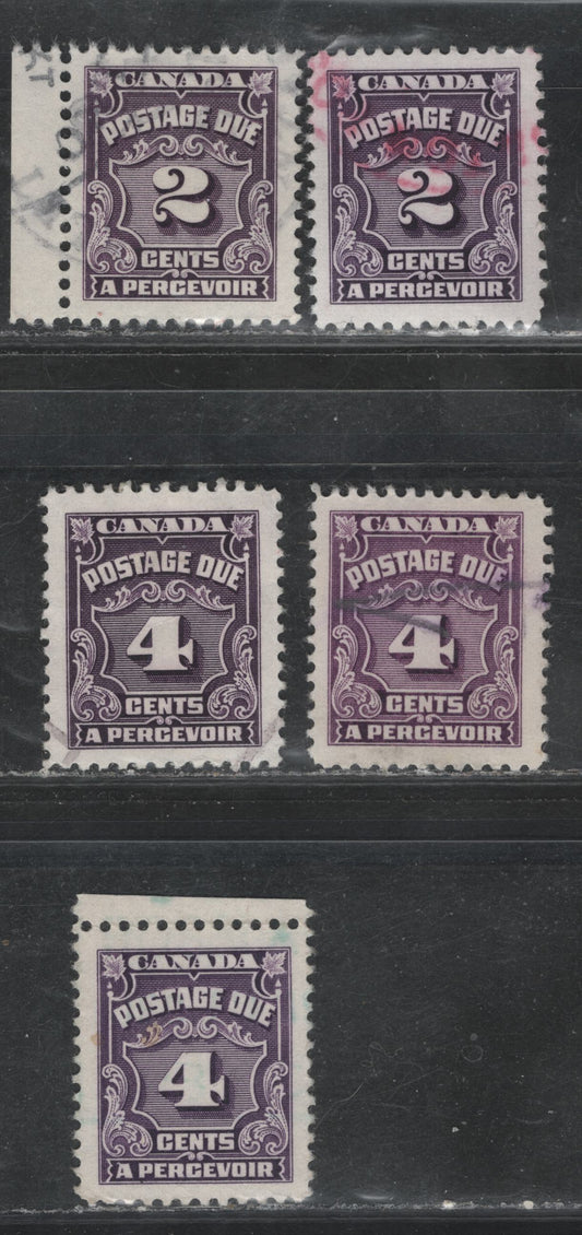 Lot 356 Canada #J16, J17, J17b 2c - 4c Violet - Deep Violet , 1935-1965 4th Postage Due Issue, 5 Very Fine Used Singles, Scarcer LF Papers, Unchecked As To Specific Types & Perfs, But All Are Different.