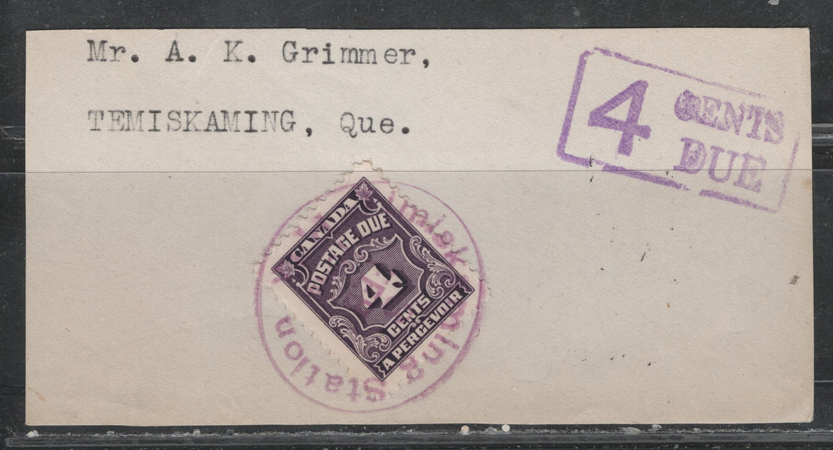 Lot 360 Canada #J17 4c Deep Rose Lilac , 1935-1965 4th Postage Due Issue, A VFNH Single, Tied To Small Piece Violet Temiskaming Station, QC Cancel & Violet Boxed '4 Cents Due' Handstamp .