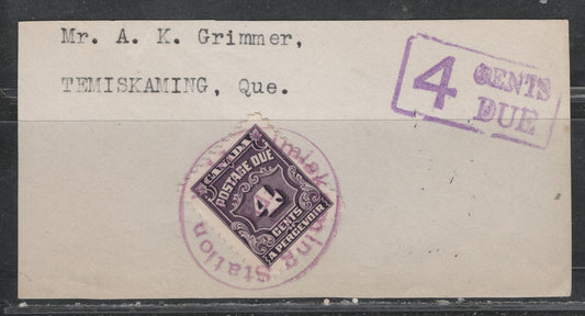Lot 360 Canada #J17 4c Deep Rose Lilac , 1935-1965 4th Postage Due Issue, A VFNH Single, Tied To Small Piece Violet Temiskaming Station, QC Cancel & Violet Boxed '4 Cents Due' Handstamp .