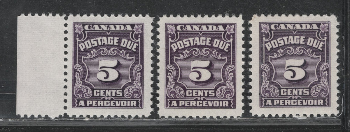 Lot 361 Canada #J18 5c Dull Violet - Deep Rose Lilac , 1935-1965 4th Postage Due Issue, 3 VFNH Singles, Scarce Low Fluorescent (CBNE-F, CBNE-Q & CBNE-R) Papers, Perfs 11.9x12 and 12x11.9, Much Scarcer Compared To DF Papers.