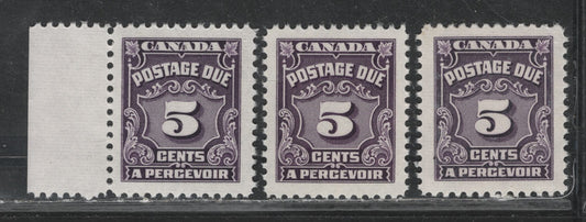 Lot 361 Canada #J18 5c Dull Violet - Deep Rose Lilac , 1935-1965 4th Postage Due Issue, 3 VFNH Singles, Scarce Low Fluorescent (CBNE-F, CBNE-Q & CBNE-R) Papers, Perfs 11.9x12 and 12x11.9, Much Scarcer Compared To DF Papers.