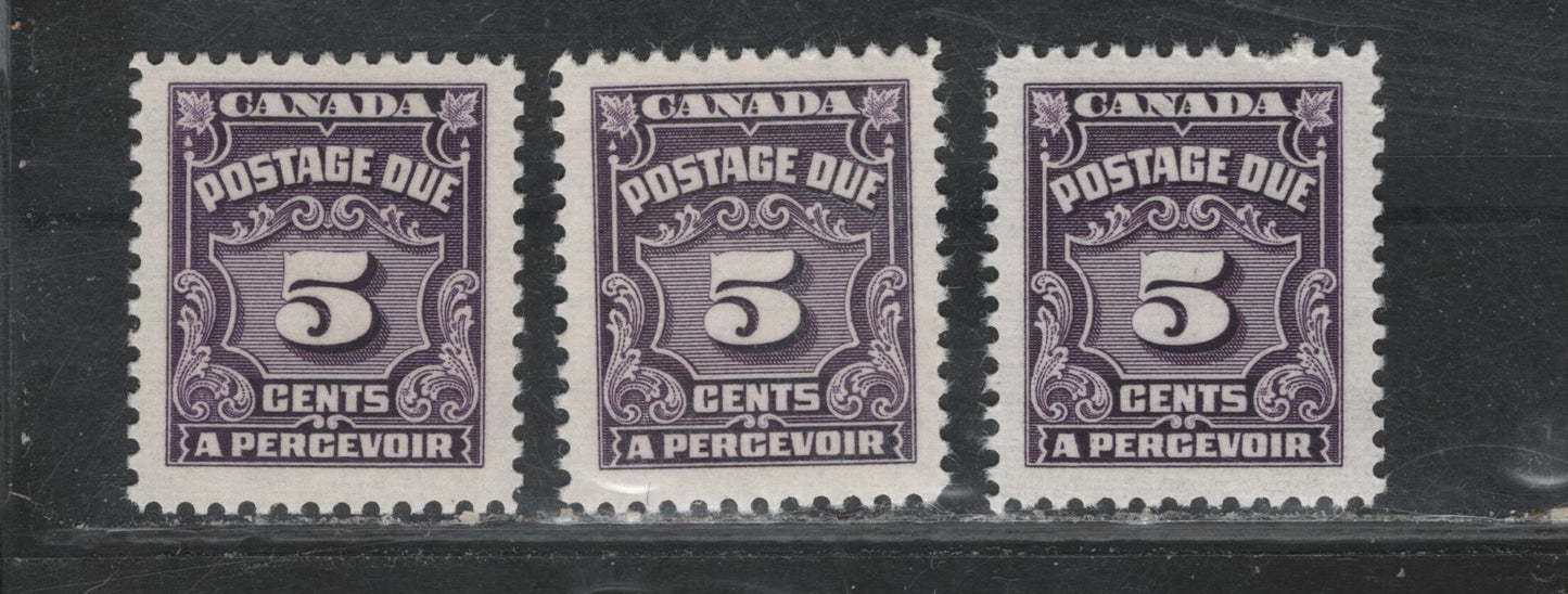 Lot 362 Canada #J18var 5c Dull Violet - Deep Dull Rose Lilac , 1935-1965 4th Postage Due Issue, 3 VFOG/NH Singles, Unlisted Low Fluorescent (CBNE-F, CBNE-S & CBNE-R) Papers, Unchecked As To Perfs