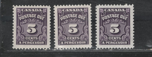 Lot 362 Canada #J18var 5c Dull Violet - Deep Dull Rose Lilac , 1935-1965 4th Postage Due Issue, 3 VFOG/NH Singles, Unlisted Low Fluorescent (CBNE-F, CBNE-S & CBNE-R) Papers, Unchecked As To Perfs