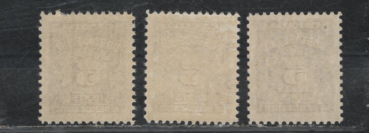 Lot 362 Canada #J18var 5c Dull Violet - Deep Dull Rose Lilac , 1935-1965 4th Postage Due Issue, 3 VFOG/NH Singles, Unlisted Low Fluorescent (CBNE-F, CBNE-S & CBNE-R) Papers, Unchecked As To Perfs