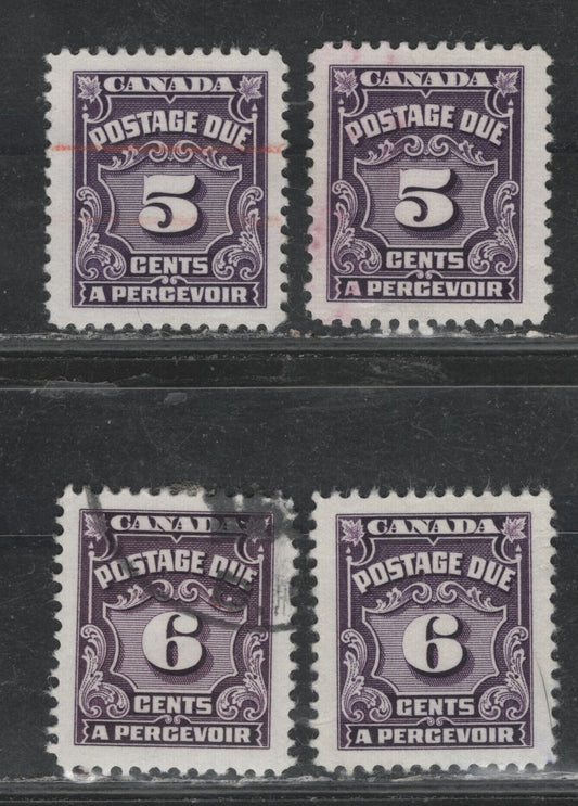 Lot 363 Canada SC#J18var & J19var 5c & 6c Violet & Deep Rose Lilac Numeral, 1935-1967 Fourth Postage Due Issue, 4 VF Used Singles On Scarcer Unlisted LF Papers (CBNE-A, CBNE-H and CBNE-O)