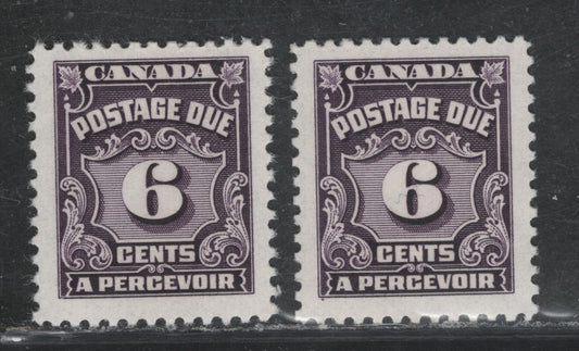 Lot 364 Canada SC#J19var 6c Blackish Rose Lilac Numeral, 1935-1967 Fourth Postage Due Issue, 2 VFNH Singles On Scarcer Unlisted LF Papers (CBNE-Q, and CBNE-G), Perf. 11.9 and 12.1 x 11.95
