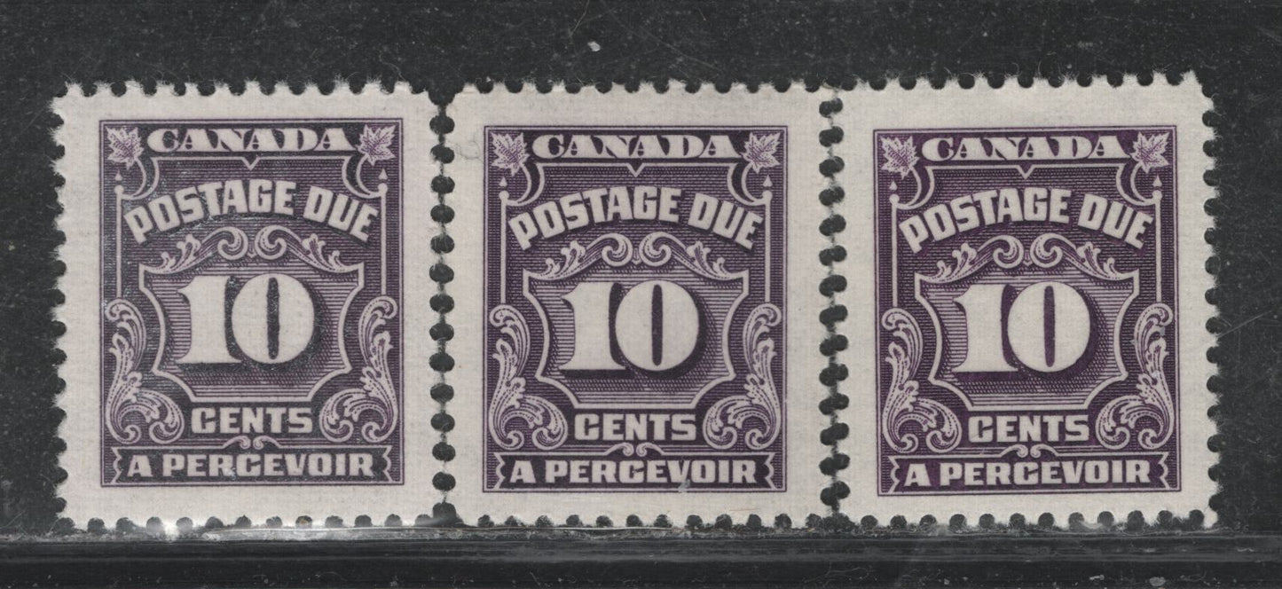 Lot 366 Canada SC#J20var 10c Blackish Violet, Deep Violet & Deep Rose Lilac Numeral, 1935-1967 Fourth Postage Due Issue, 3 VFOG Singles On Scarcer Unlisted LF Papers (CBNE-P, and CBNE-A), Perf. 12 x 11.9, 11.9 and 11.9 x 12