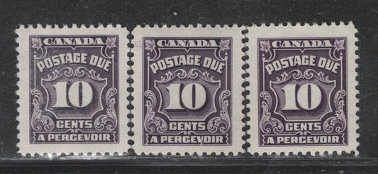 Lot 366 Canada SC#J20var 10c Blackish Violet, Deep Violet & Deep Rose Lilac Numeral, 1935-1967 Fourth Postage Due Issue, 3 VFOG Singles On Scarcer Unlisted LF Papers (CBNE-P, and CBNE-A), Perf. 12 x 11.9, 11.9 and 11.9 x 12