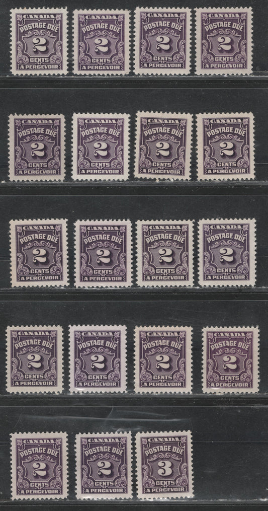 Lot 367 Canada SC#J16/J16B 2c-3c Deep Rose Lilac & Violet Shades 19 VFNH Singles On A Variety of DF Papers, Varying In Fluorescence From 1-2,  All Different From The 2c Stamps in Other Lots