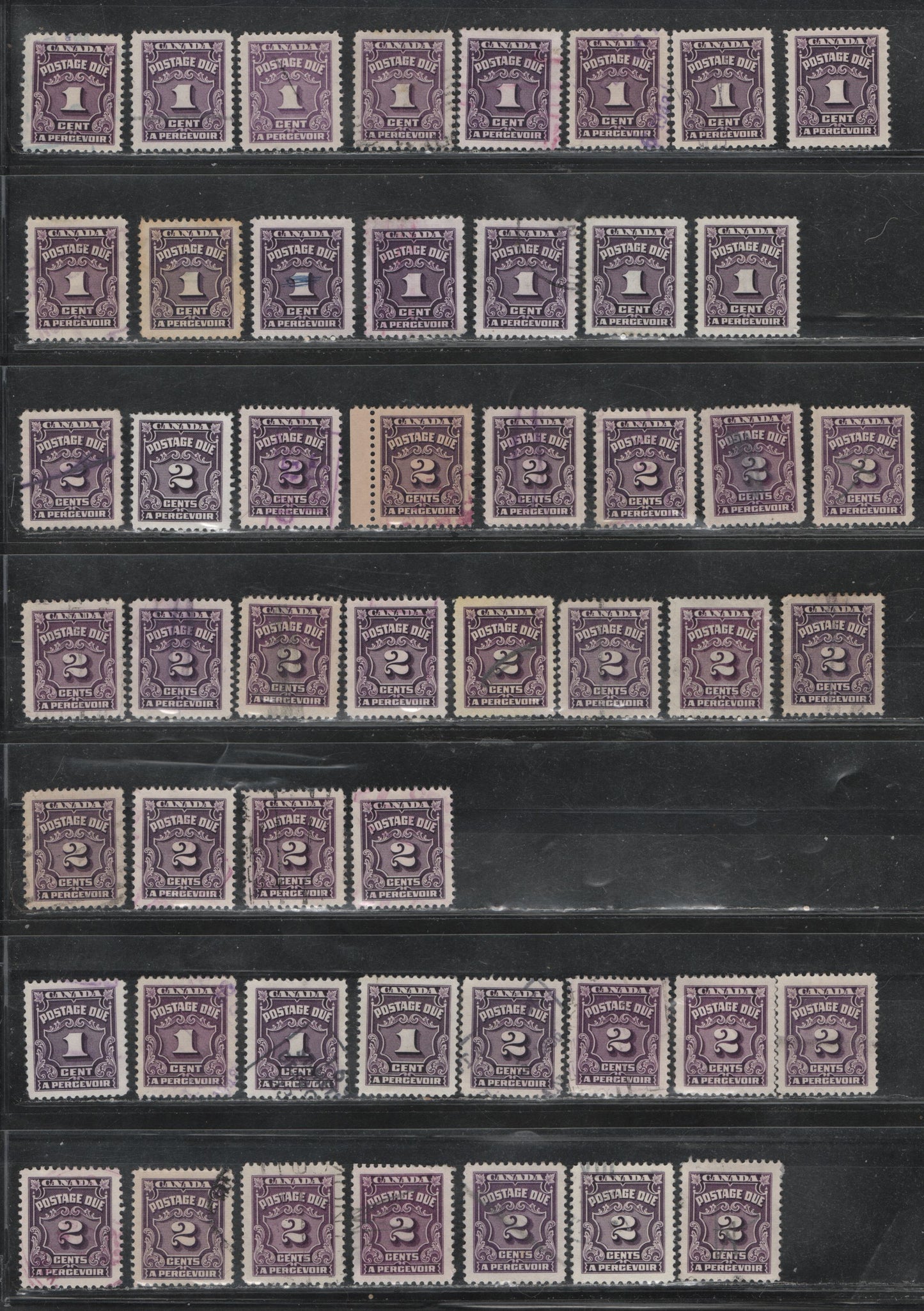 Lot 368 Canada SC#J15/J16c 1c-2c Reddish Violet, Violet Shades, Deep Rose Lilac, 50 VF Used Singles Showing the FULL Range Of Shades & Paper Types On Which These Stamps Were Printed, Including Red Violet Shades & The Scarce CBN-VVVVVVV Toned Paper