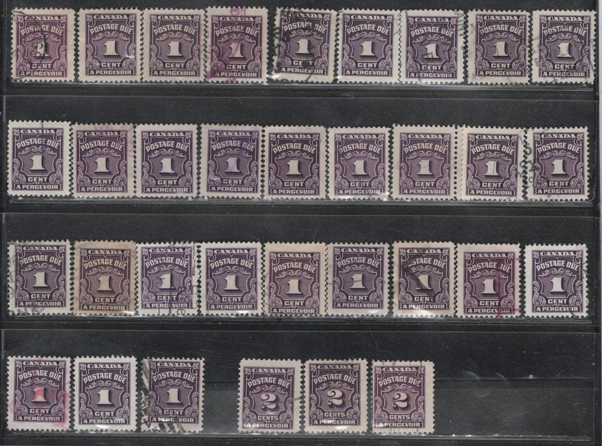Lot 369 Canada SC#J15/J16c 1c-2c Violet Shades, Deep Rose Lilac 68 Fine Used Singles Showing the FULL Range Of Shades & Paper Types On Which These Stamps Were Printed, Including Red Violet Shades & The Scarce CBN-VVVVVVV Toned Paper On The 1c