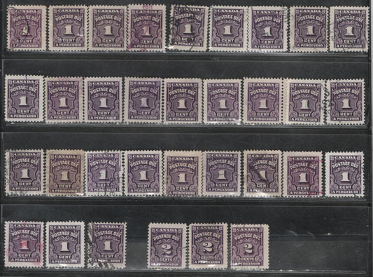 Lot 369 Canada SC#J15/J16c 1c-2c Violet Shades, Deep Rose Lilac 68 Fine Used Singles Showing the FULL Range Of Shades & Paper Types On Which These Stamps Were Printed, Including Red Violet Shades & The Scarce CBN-VVVVVVV Toned Paper On The 1c