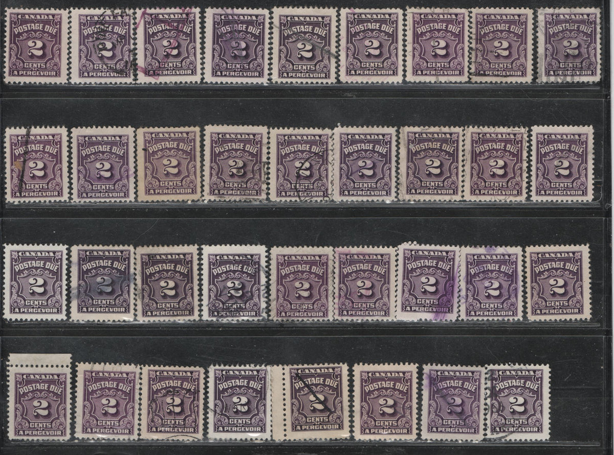 Lot 369 Canada SC#J15/J16c 1c-2c Violet Shades, Deep Rose Lilac 68 Fine Used Singles Showing the FULL Range Of Shades & Paper Types On Which These Stamps Were Printed, Including Red Violet Shades & The Scarce CBN-VVVVVVV Toned Paper On The 1c