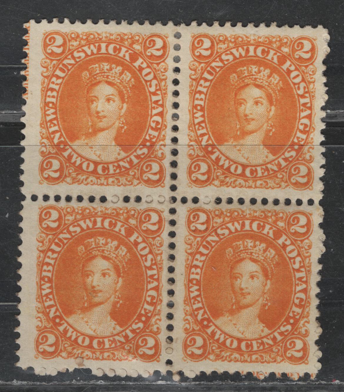 Lot 372 New Brunswick (C)#7c 2c Yellow Orange , 1860 Cents Issue, A FOG/NH Block of 4, Imprint Block, Cents-J Paper, Perf 12x11.75, Top Two Stamps Are Hinged, Bottom Two Are NH.