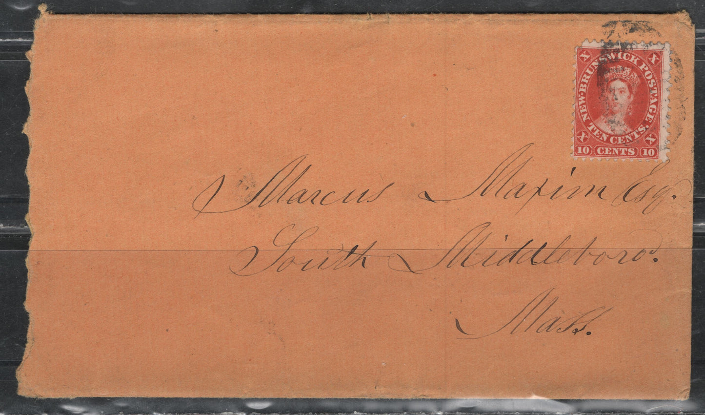 Lot 373 New Brunswick (C)#9 10c Bright Vermillion , 1860 Cents Issue, A Very Fine Used Cover, Perf 12x11.75, To Massachusetts, Containing Two Exquisitely Written Letters.