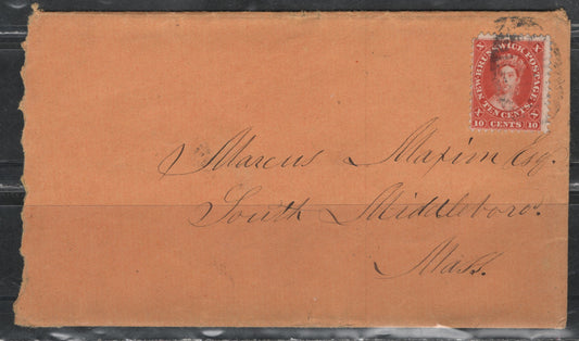 Lot 373 New Brunswick (C)#9 10c Bright Vermillion , 1860 Cents Issue, A Very Fine Used Cover, Perf 12x11.75, To Massachusetts, Containing Two Exquisitely Written Letters.