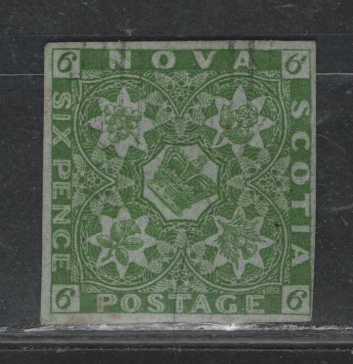 Lot 374 Nova Scotia (C)#4 6d Yellow Green , 1851-1857 Pence Issue, A Very Fine Used Single, 3 Large Margins & Top Right Margin Full to Just Clear At Upper Right, Fault Free Bluish Toned Paper At The Back, Face Free Cancel, Very Difficult To Improve Upon.