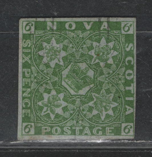 Lot 374 Nova Scotia (C)#4 6d Yellow Green , 1851-1857 Pence Issue, A Very Fine Used Single, 3 Large Margins & Top Right Margin Full to Just Clear At Upper Right, Fault Free Bluish Toned Paper At The Back, Face Free Cancel, Very Difficult To Improve Upon.
