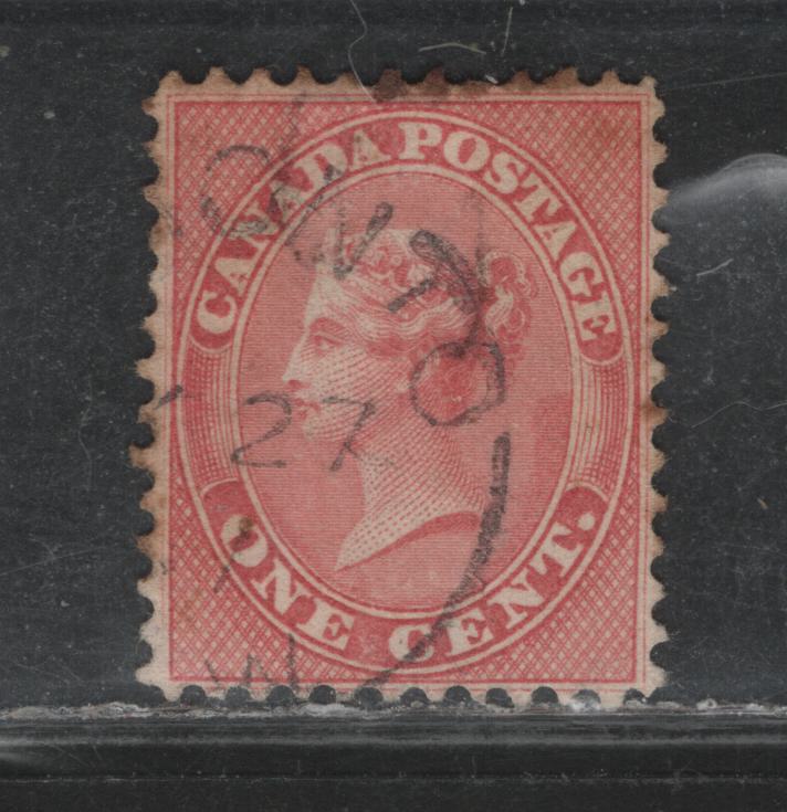 Lot 377 Canada (C) #14b 1c Rose , 1859-1864 First Cents Issue, A Very Good Used Single, Perf 11.75, Cents-A Paper, Light Toronto Cancel. But Two Very Shallow Thins Only Visible With Backlight.