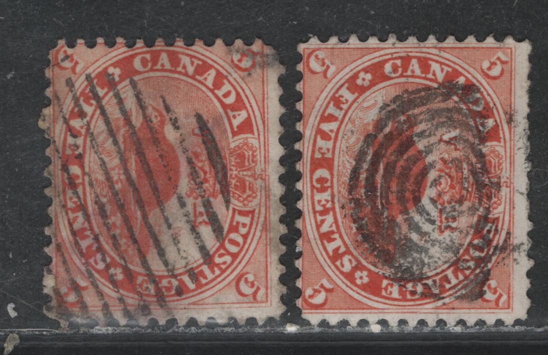 Lot 378 Canada (C) #15, 15ii 5c Vermillion - Orange Red , 1859-1864 First Cents Issue, 2 Fair/Very Good Used Singles, Cents-D & Cents-III Papers, Perfs 12x11.75&12, Light Corner Crease At UL & Short Perfs On Orange-Red Stamp.