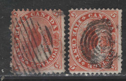 Lot 378 Canada (C) #15, 15ii 5c Vermillion - Orange Red , 1859-1864 First Cents Issue, 2 Fair/Very Good Used Singles, Cents-D & Cents-III Papers, Perfs 12x11.75&12, Light Corner Crease At UL & Short Perfs On Orange-Red Stamp.