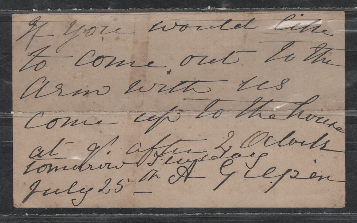 Lot 380 Canada (C) #UX9b 1c Ultramarine , 1892 Postcard, A Fine Used Postcard, Cancelled With July 1892 Halifax Precursor Cancel, Straw Colored Card, Some Foxing Spots, Scarce Precursor Cancel.